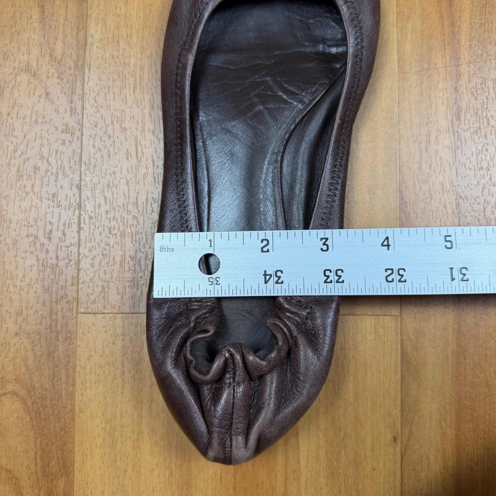 Tory Burch Reva Ballet Flats Brown Leather Gold Logo Medallion Scrunch Back Sz9M
